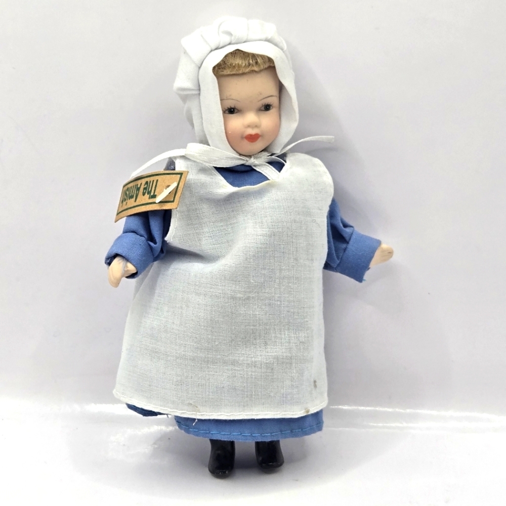 Springford 6.5” Amish Porcelain Doll Ornament Blue White Dress Intercourse PA